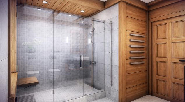 Szara łazienka z drewnem - elegancki pokój kąpielowy